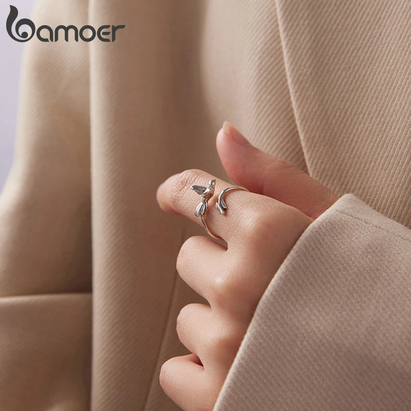 Bamoer 925 Sterling Silber Eisvogel Emaille Offener Ring Verstellbarer 3D Vogelform Ring für Damen Mädchen Lebhafte Geburtstagswünsche Geschenk