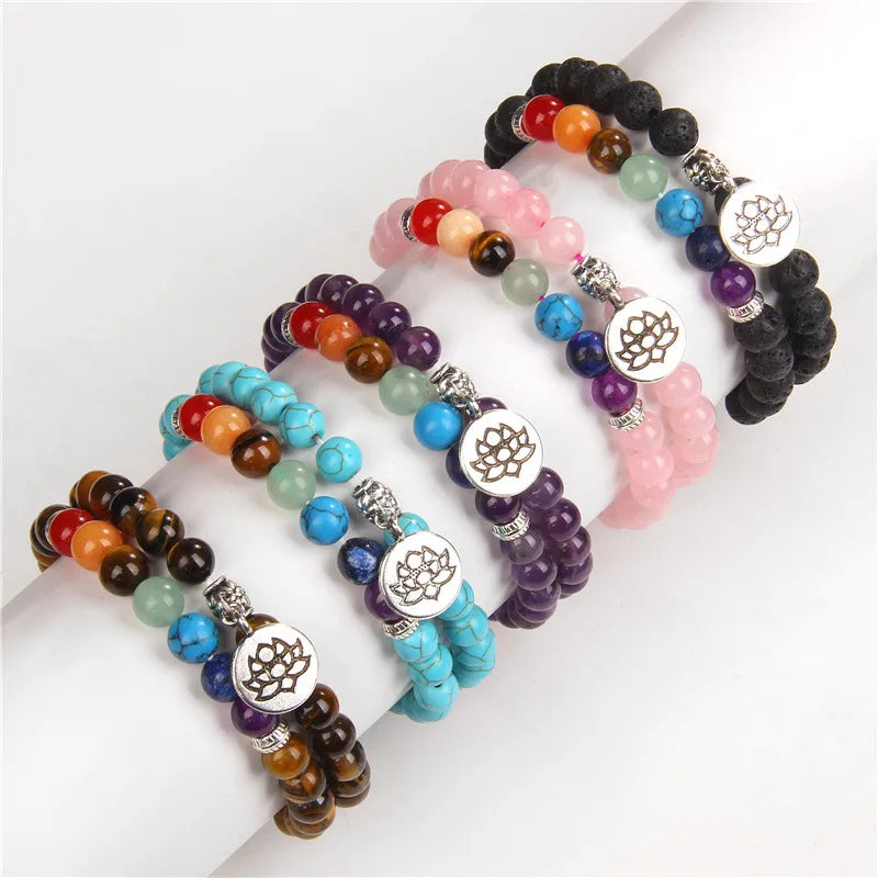 MKENDN 7-Chakra-Armbänder, buddhistisches Lotus-Amulett-Armband, Herren-Armband mit natürlichen Reiki-Steinen und Amethysten, Damen-Yoga-Schmuck
