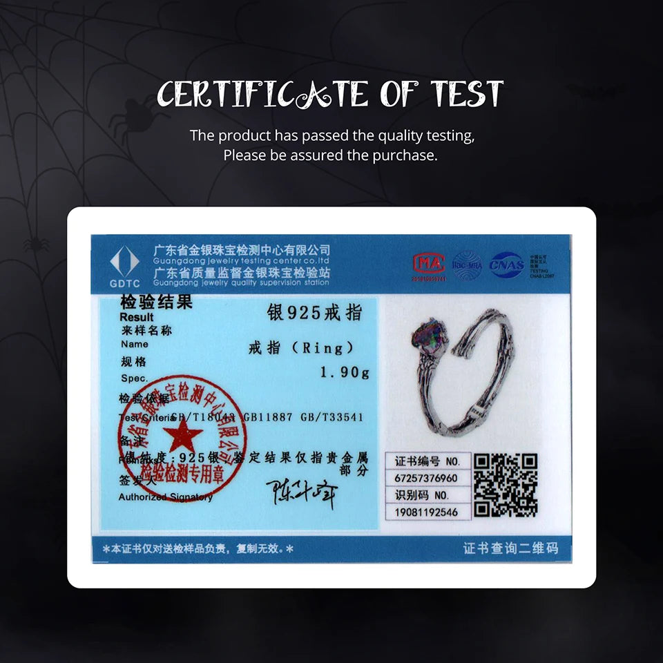 Bamoer 925 Sterling Silver Skull Hand Open Ring Adjusable Rainbow Heart Ring Double-layer for Women Halloween Punk Jewelry Gift