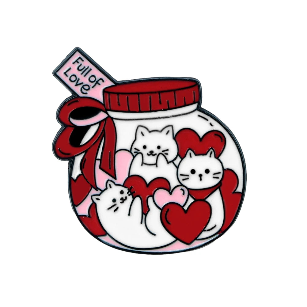 New Wink Cat With Red Heart Shape Brooch Cute Cup Kitty Enamel Pins Cat Lover Collection Badges Jewelry Gift for Friend