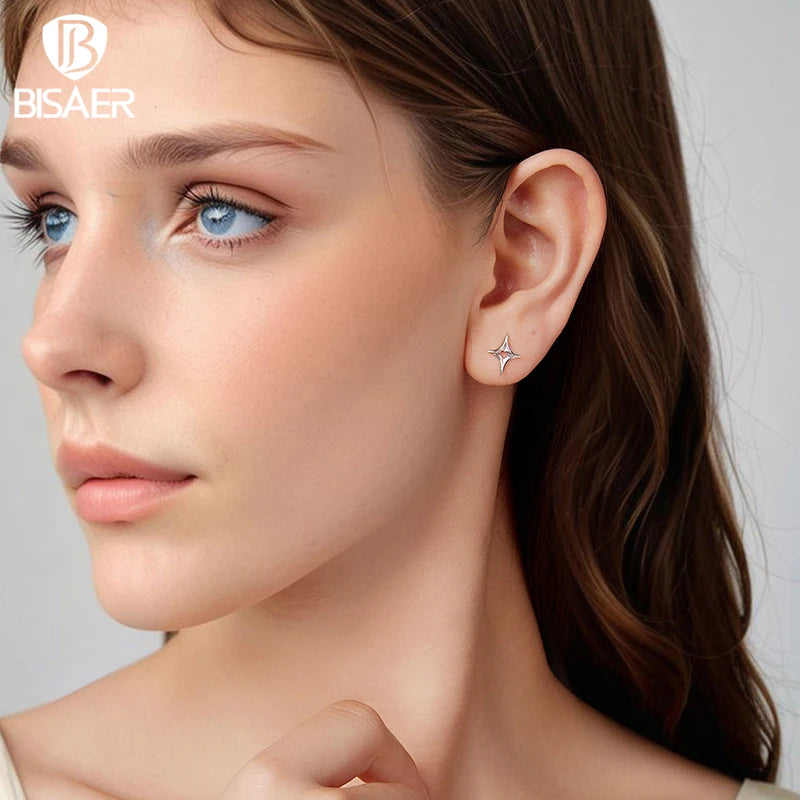 BISAER Solid 925 Sterling Silver Starry Stud Earrings Hollow Heart Stud Ear for Women & Girls Party Fine Jewelry EFE1192