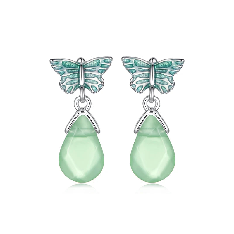 BAMOER 925 Sterling Silver Butterfly Stud Earrings for Women Teens, Crystal Green Resin Teardrop Dangle Earrings Hypoallergenic