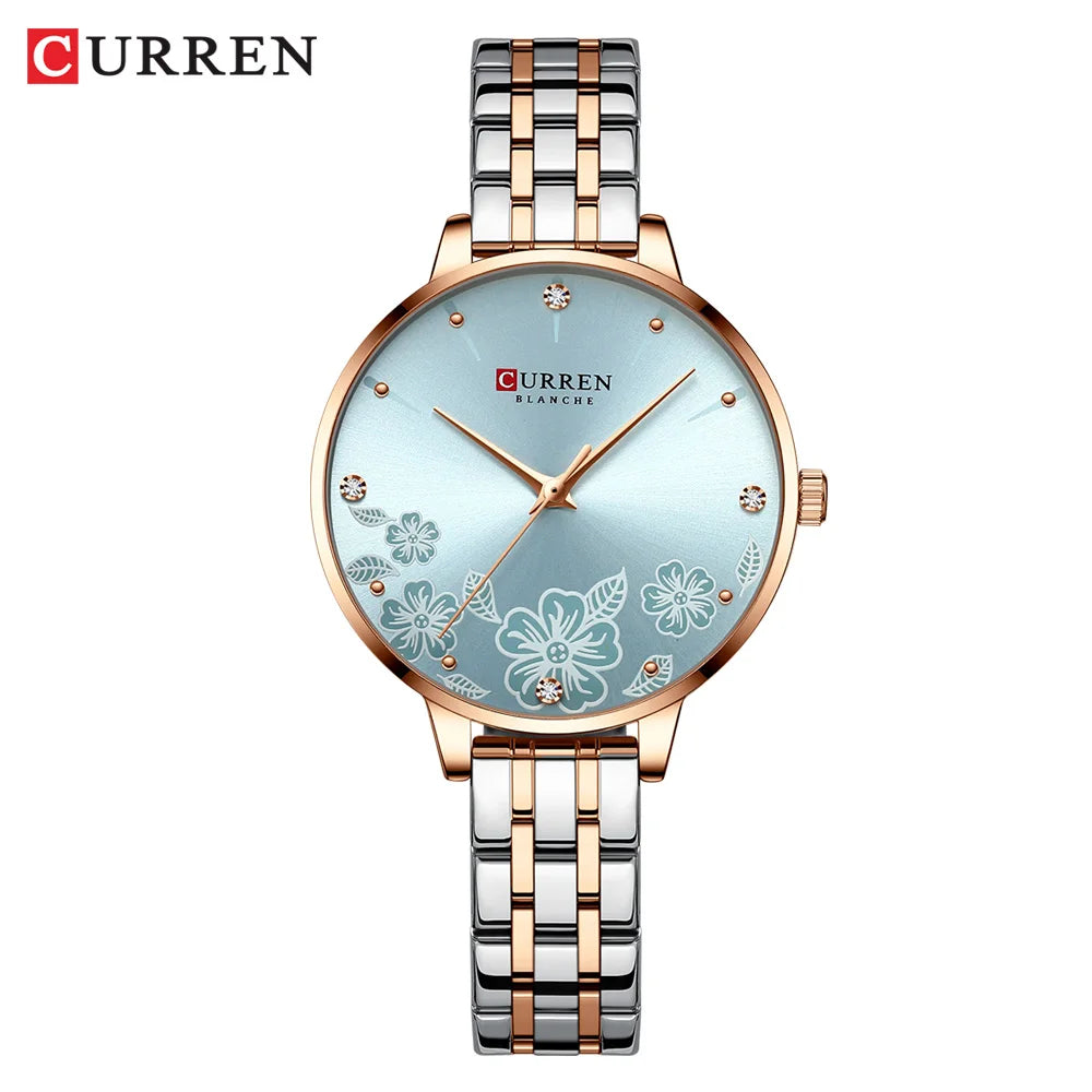 CURREN Fashion Quartz Wristwatches for Women Simple Stainless Steel Watch Bracelet with Flower Design Dial