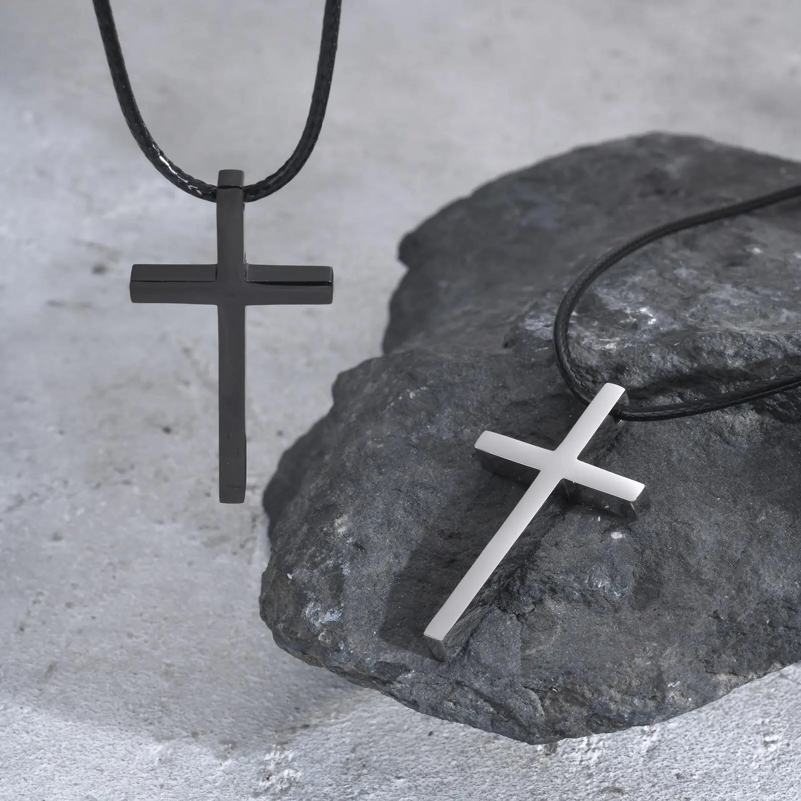 Vnox Minimalist Stainless Steel Cross Necklaces,Simple Thick Metal Pendant with Adjustable Black Rope Chain,Mens Religon Jewelry
