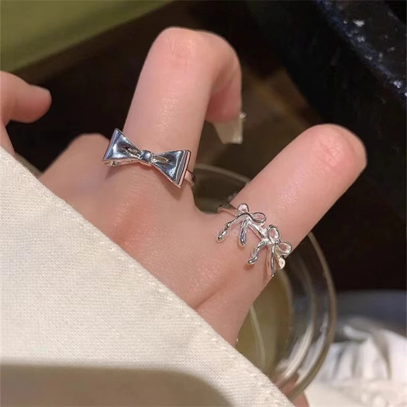Fashion Bow Ribbon Rings For Women Girls Silver Color Sweet Cute Geometric Bow Knot Opening Finger Ring Wedding Party Jewelry