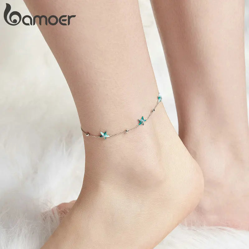 BAMOER 925 Sterling Silver Blue-green Seastar Charm Anklet Simple Chain Foot Jewelry for Women White Gold Plated Summer Jewelry