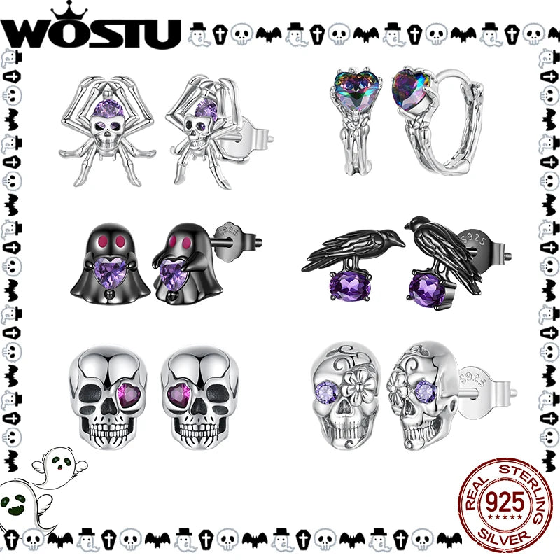 WOSTU 925 Sterling Silver Ghost Stud Earrings Skull/Spider/Crow /Hand Dark for Women Girl Halloween Party Fine Jewelry Gift