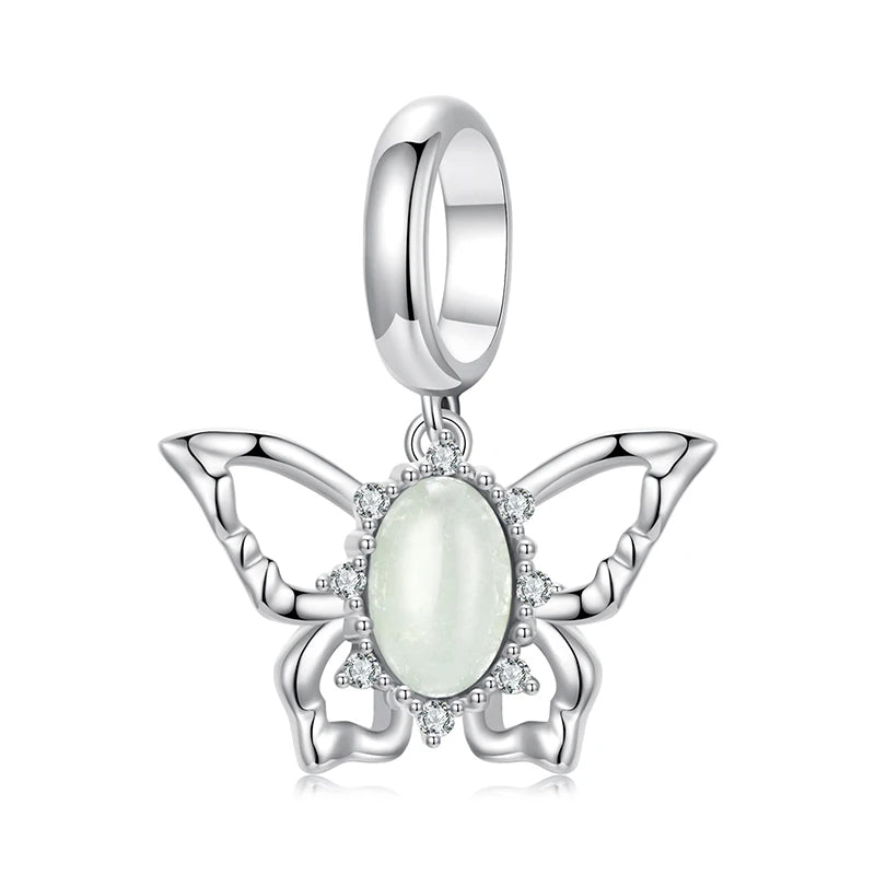 BAMOER Solid 925 Sterling Silver Natural Jade Butterfly Bee Bird Charm Pendant fit Original Bracelet DIY Jewelry Accessories
