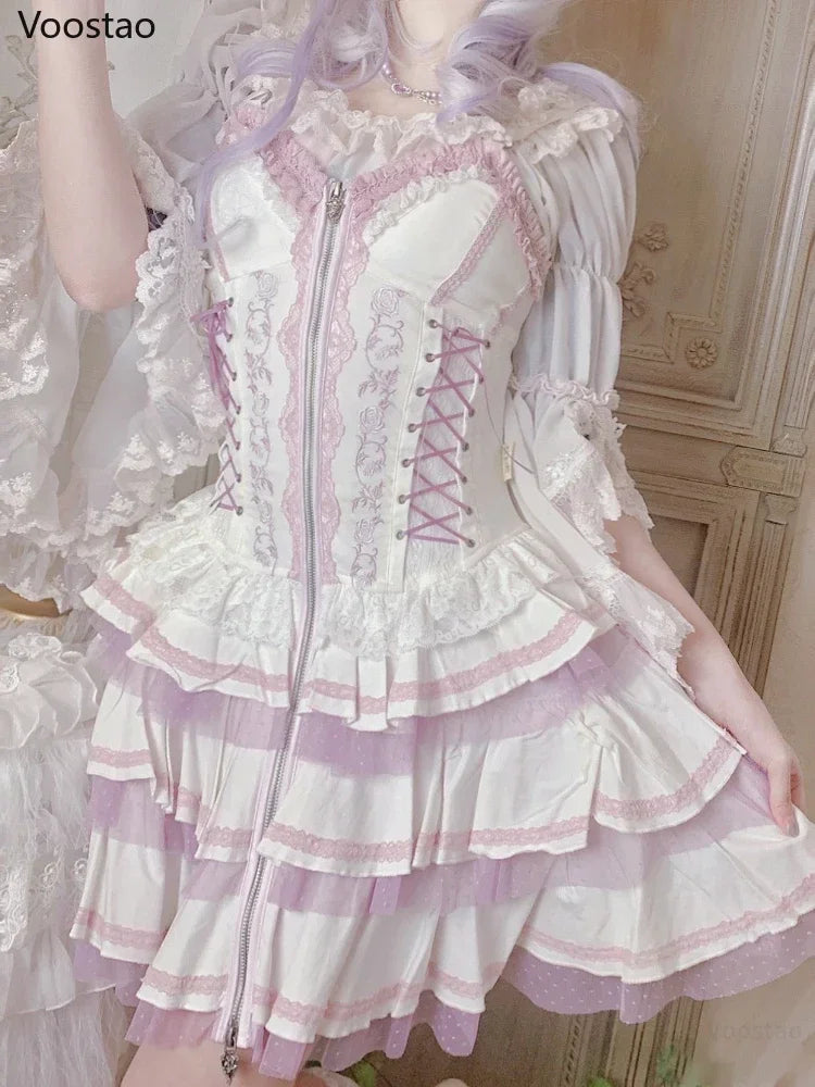 Gothic Lolita Y2k Dress Women Vintage Victorian Harajuku Lace Bandage Rose Embroidery Party Dresses Girls Sleeveless Vestidos