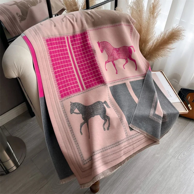 New Hot Winter Scarf Women Soft Cashmere Warm Pashmina Plaid Horse Print Scarves Wraps Thick Shawl Bufandas Tassel Stoles Hijabs