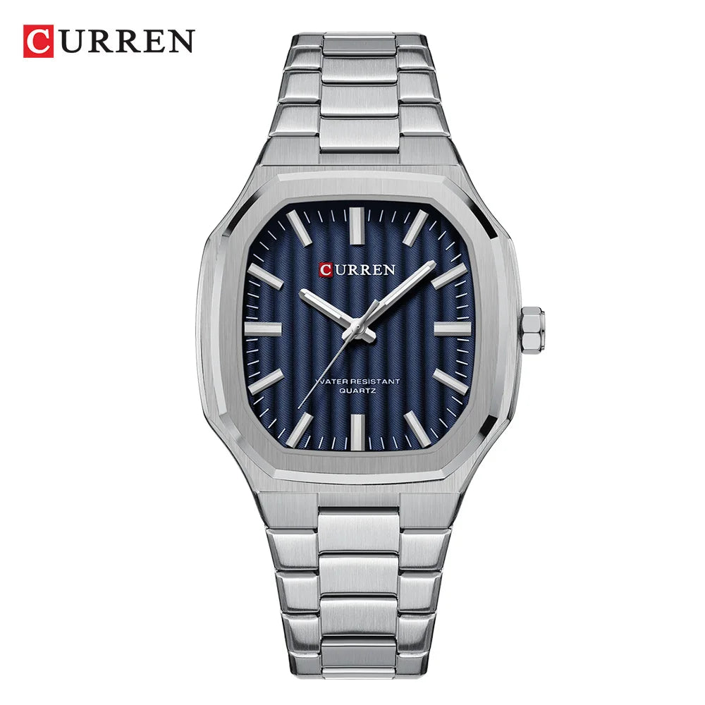 CURREN Luxury Business Square Quartz Watches  Classic Stripe Design Dial with Stainless Steel Band Wristwatch for Men
