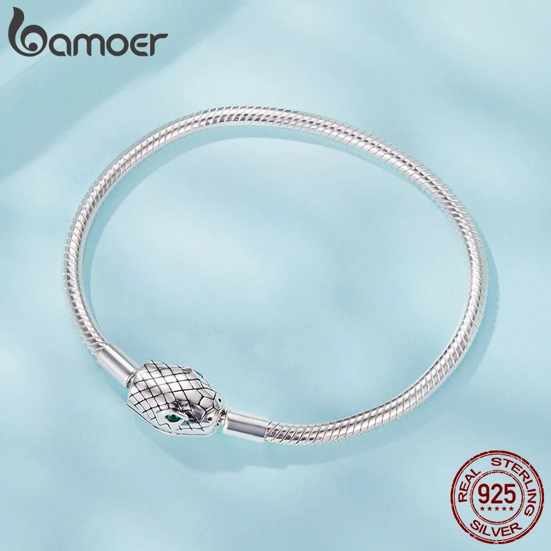 BAMOER 925 Sterling Silver Retro Snake Bone Chain Bracelet with Serpent Head Charm for Women Anniversary Zodiac Birthday Gift