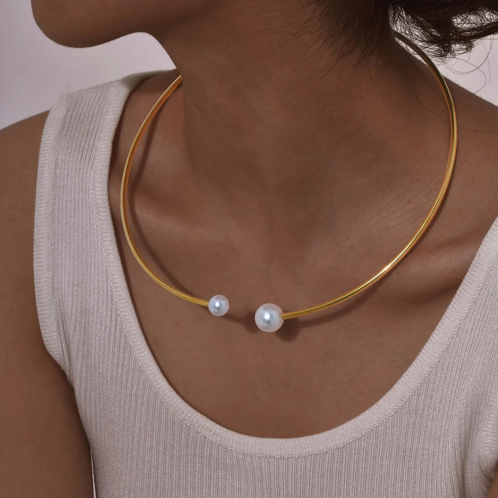 Vnox Simple Stainless Steel Pearl Gold Color  Women's Cuff Choker Necklaces Charm Daily Jewelry Girls Neck Gifts Accessory