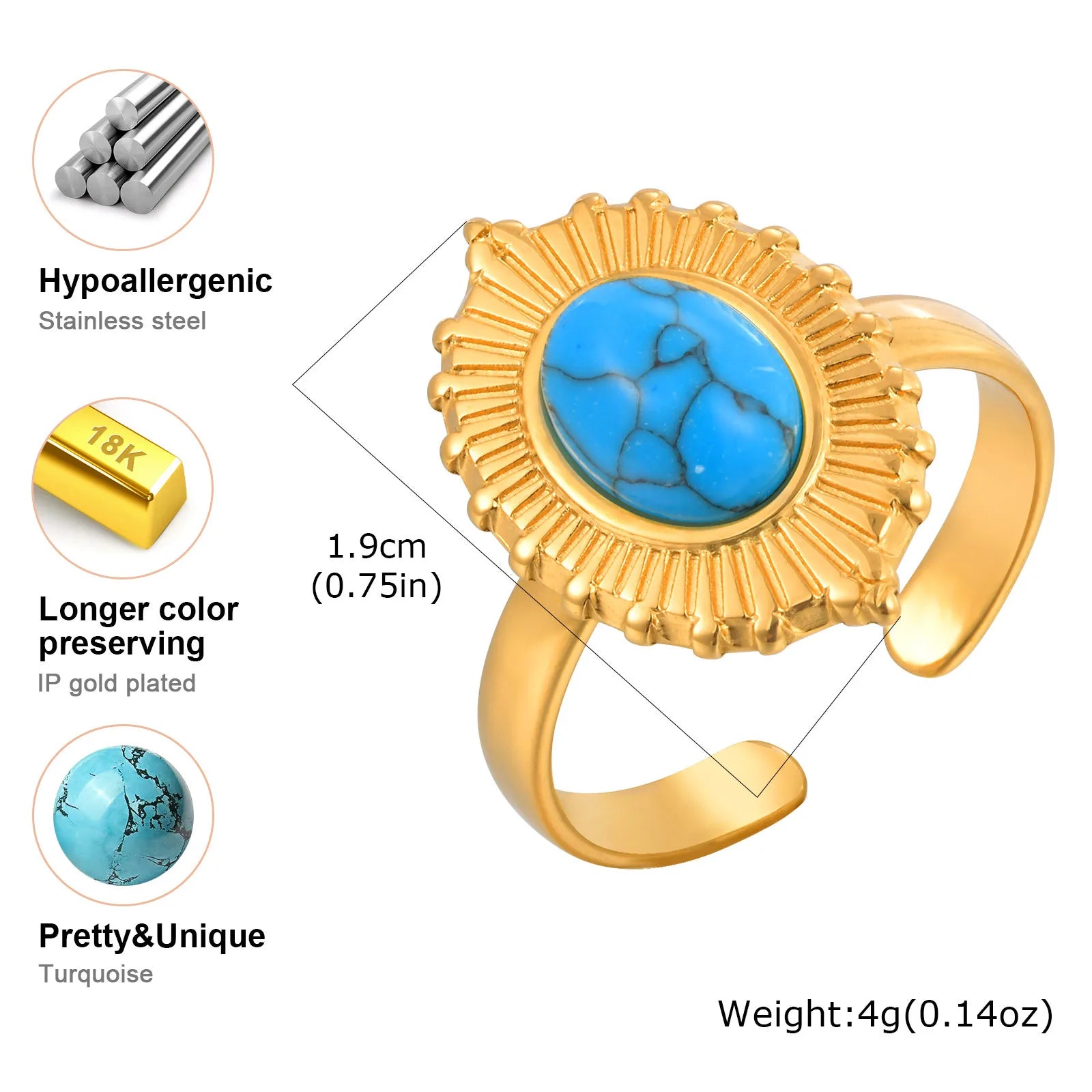 Vnox Blue Turquoise Stone Opening Ring,Stainless Steel Sun Oval Accessories Rings For Women,Finger Female Jewelry Bague Gift