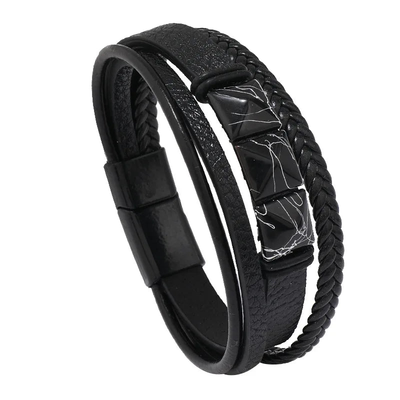 New Men's Leather Braided Bracelet Crack Pyramid Alloy Magnet Buckle Multilayer Leather Bracelet Bracelet