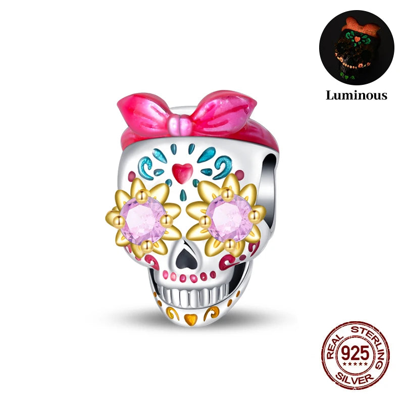 New 925 Sterling Silver Luminous Halloween Skull Witch Pumpkin Candy Charms Beads Fit 3mm Original Bracelets Party Jewelry