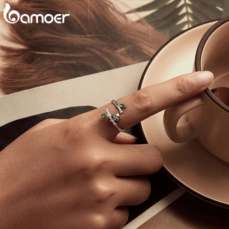 BAMOER Adjustable 925 Sterling Silver Animal Ring for Women, Cute Panda/Bird/Flower Band Stacking Finger Ring CZ Stackable Ring