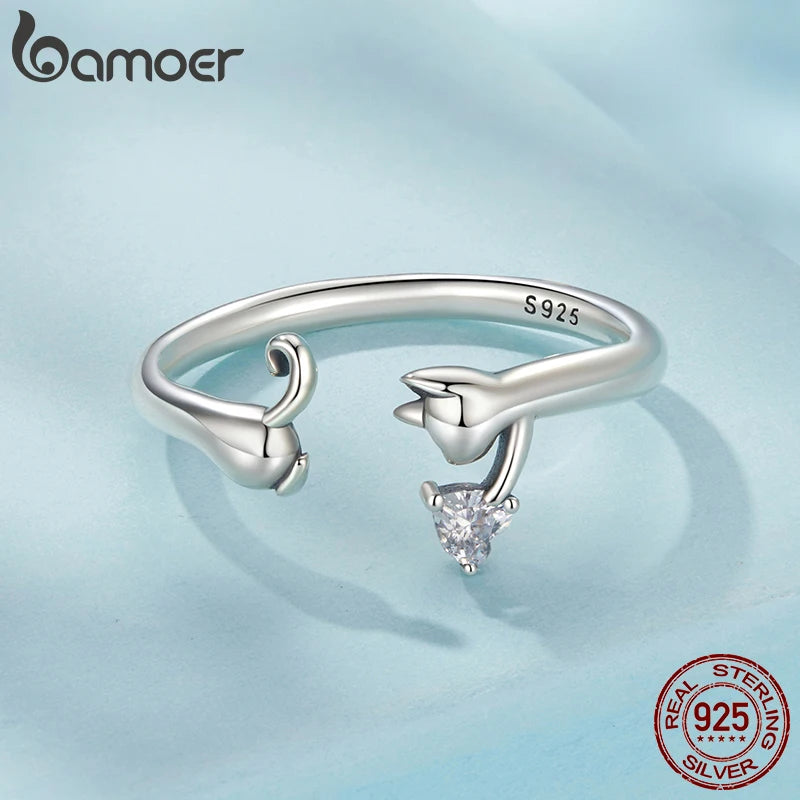 BAMOER Solid 925 Sterling Silver Cute Cat Adjustable Rings Lovely Cats Animals Open Ring Jewelry for Women SCR1116-E