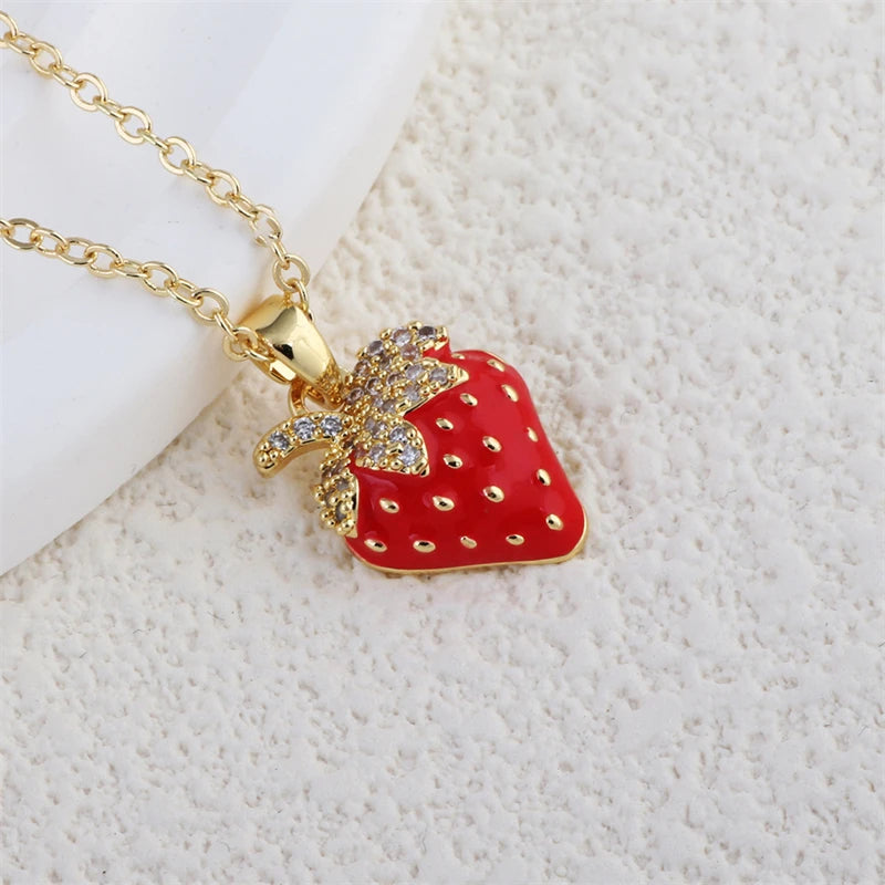 Stainless Steel Shiny Zircon Red Strawberry Pendant Necklace For Women Girls Romantic Flower Planet Tulip Choker Luxury Jewelry