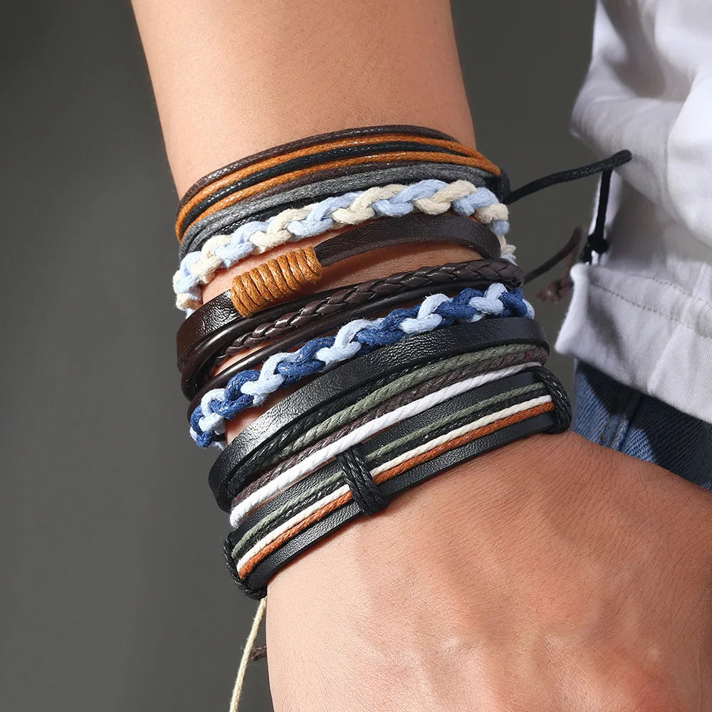 6Pcs/ Set Braided Wrap Leather Bracelets for Men Vintage Life Tree Rudder Charm Wood Beads Ethnic Tribal Wristband Rope Bracelet