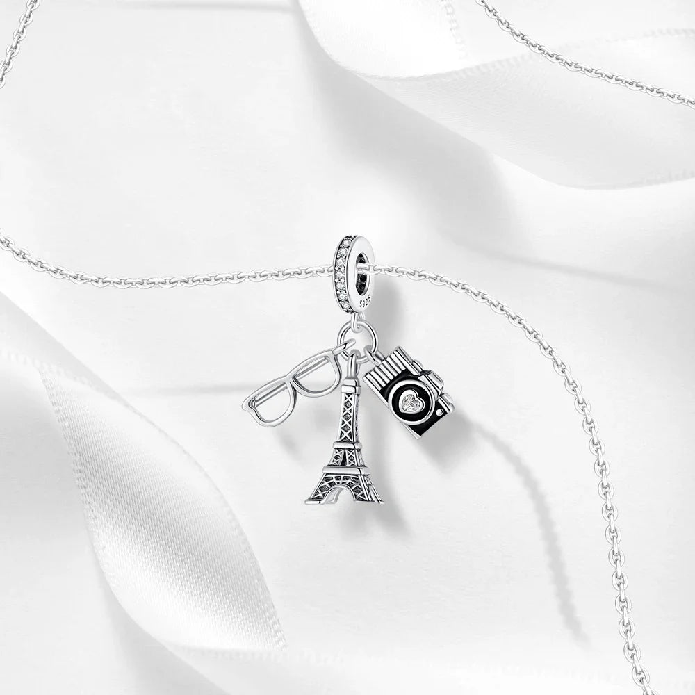 Creative 925 Sterling Silver Eiffel Tower Gold Heart Double Charm Fit DlY Bracelet Necklaces Women's Dating Jewelry Accessories