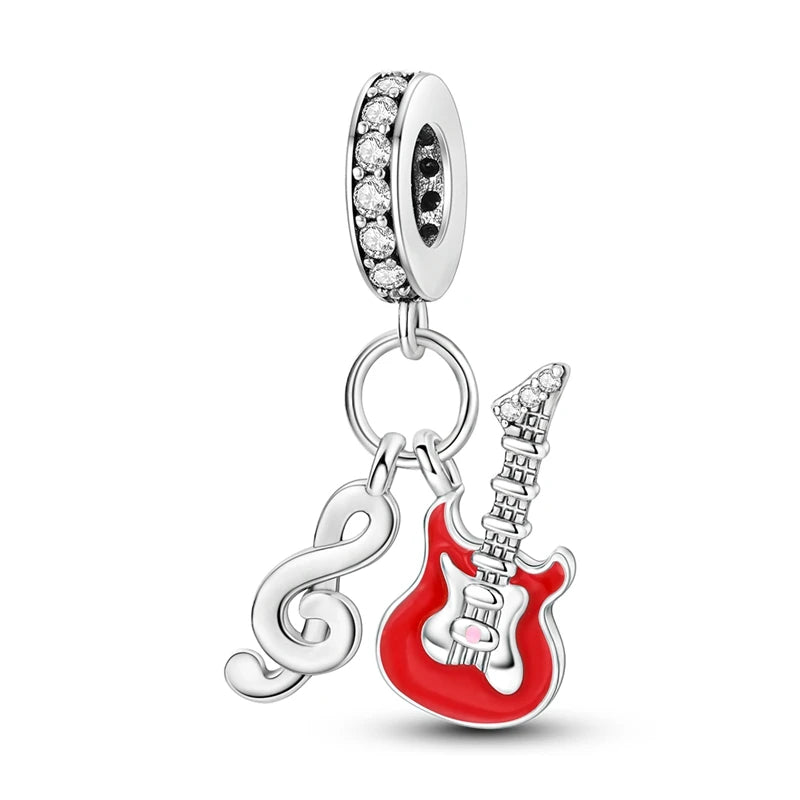 Romantic Music Charms Beads 925 Sterling Silver Piano Violin Red Guitar Punk Saxophone Pendants Fit Qikaola Bracelet DIY Jewelry