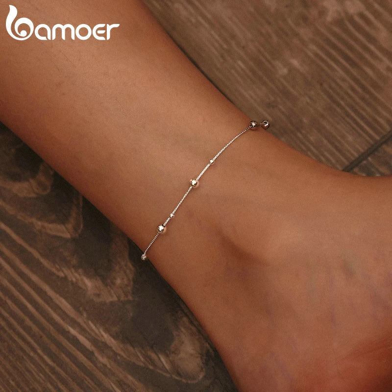 BAMOER Minimalist Round Beads Anklet Sterling Silver Chian Bracelet for Leg Female Foot Jewelry For Women Leg Chain SCT005