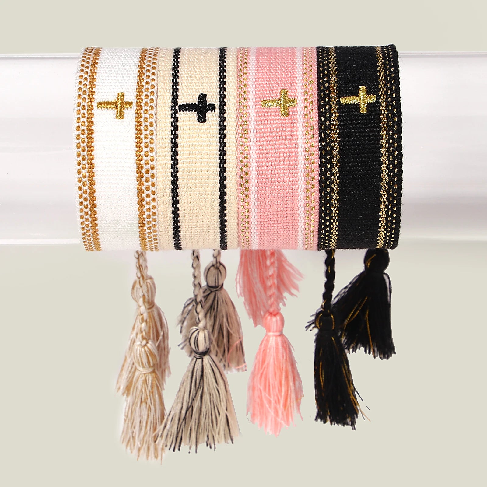 ANESOA Cross Stitch Wrist Strap Bohemia Hand-woven Tassel Bangle For Women Embroidery Personality Cotton Rope Webbing Bracelet