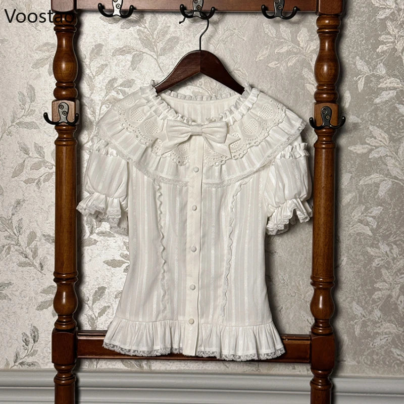 Chemises style Sweet Lolita pour femmes, style vintage kawaii, manches courtes bouffantes, volants et nœud, blouses pour filles, style gothique Y2K, hauts slim, style punk, Blusas Mujer