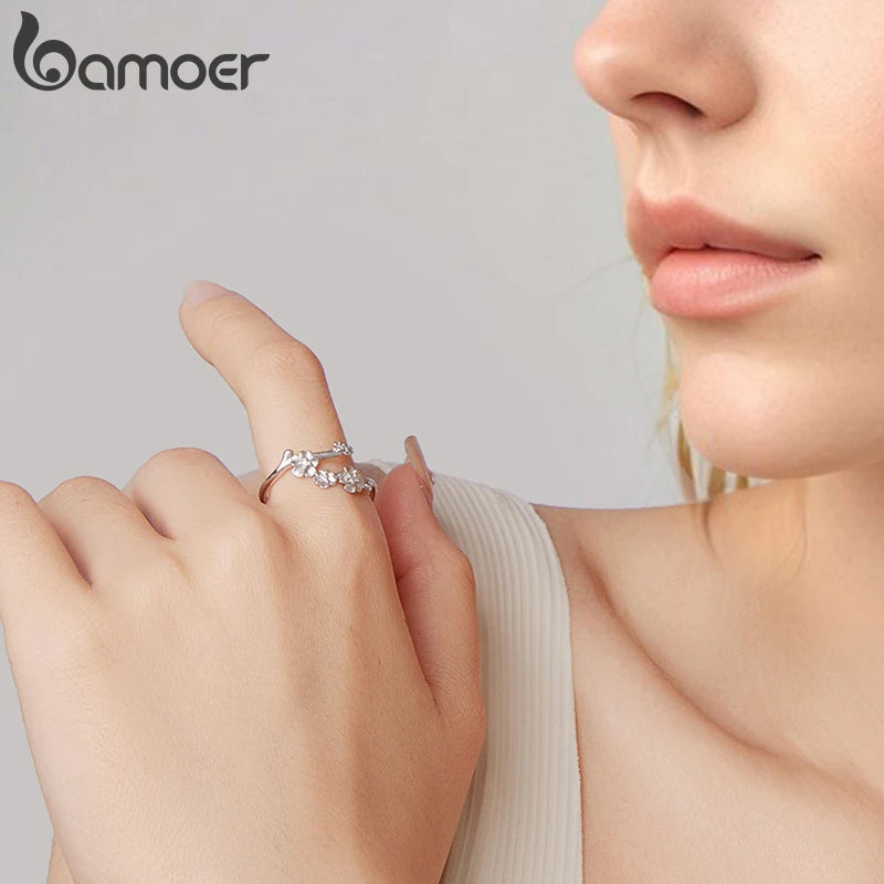 Bague ouverte BAMOER en argent sterling 925, motif fleur de prunier, bague ajustable, motif floral d'hiver, texture givrée, cadeau élégant pour femme