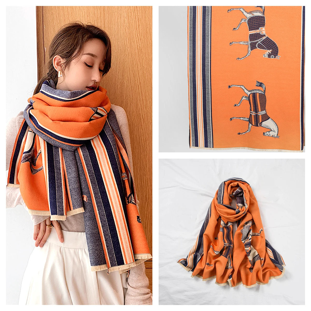 Women's Autumn Winter Horse Pattern Scarf New Luxury Cashmere Feeling Large Blanket Wrap Soft Warm Brand Shawl Retro & Classical - Madeinsea©