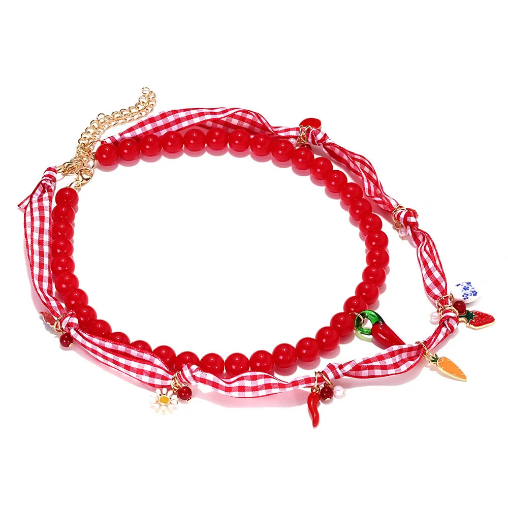 ZAA Sweet Handmade Multi-layer Beaded Strawberry Chili Choker Necklace
