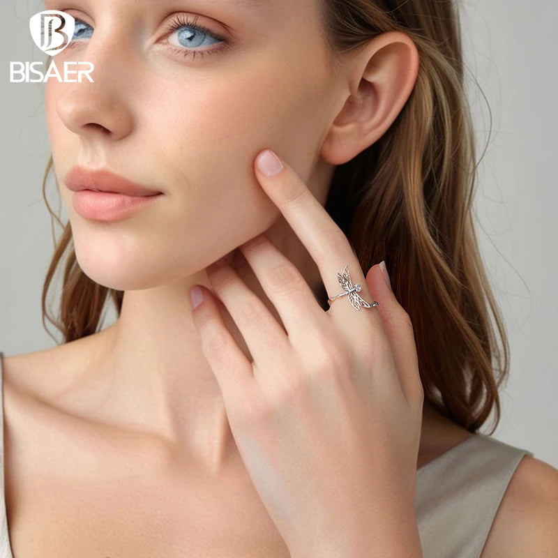 BISAER Real 925 Sterling Silver Dragonfly Open Ring Vintage Insect Band Adjustable Size 5-9 for Women Party Fine Jewelry Gift