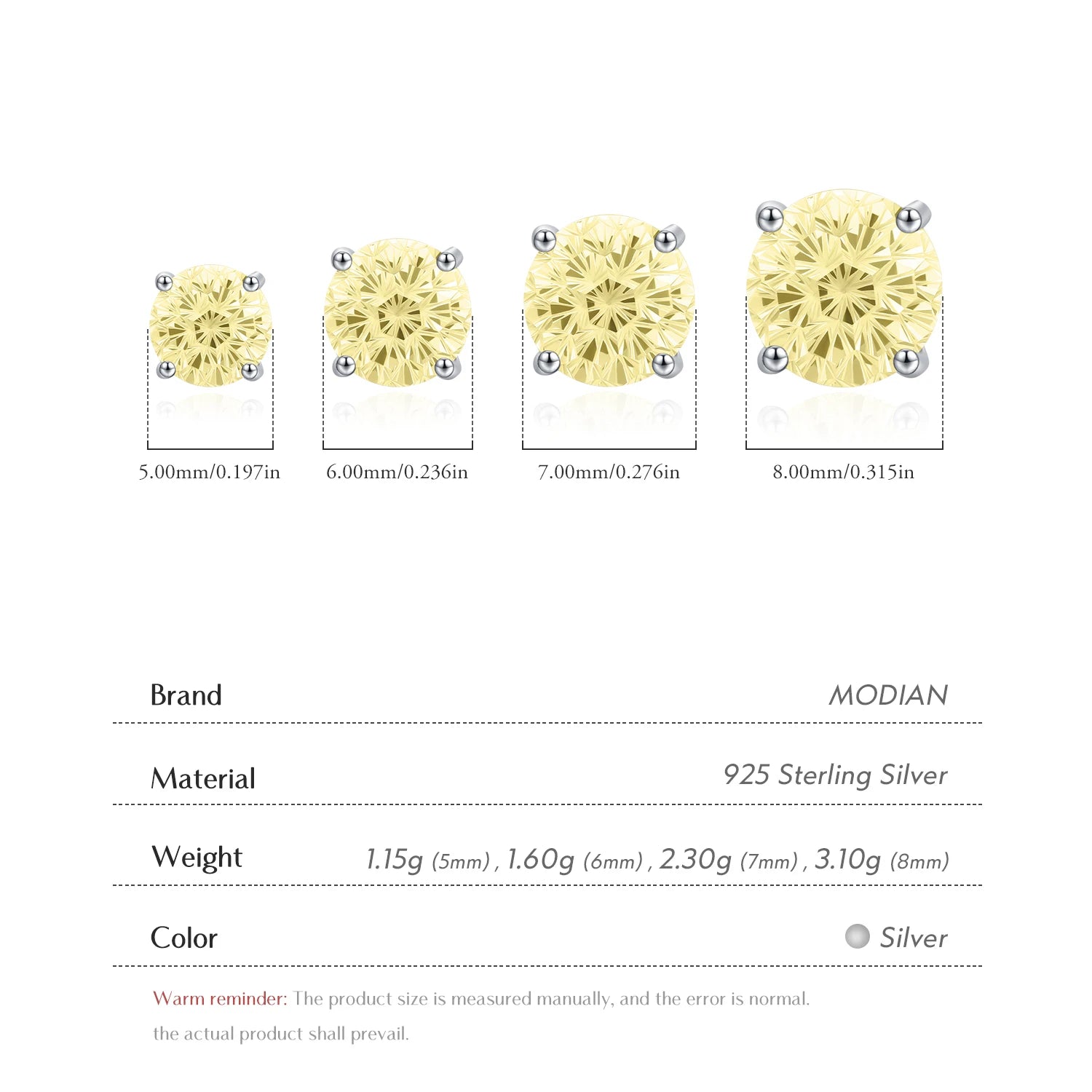 MODIAN 925 Sterling Silver Fashion Light Yellow Firework Cut Zircon Round Studs Earrings For Women And Men Fine Jewelry