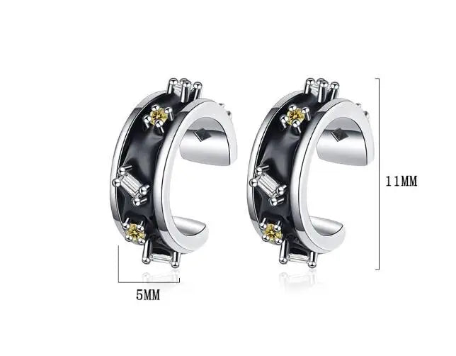 925 Sterling Silver Black Enamel Round Square Zircon Ear Cuff Clip on Earring For Girl Without Piercing Earing Jewelry DA250