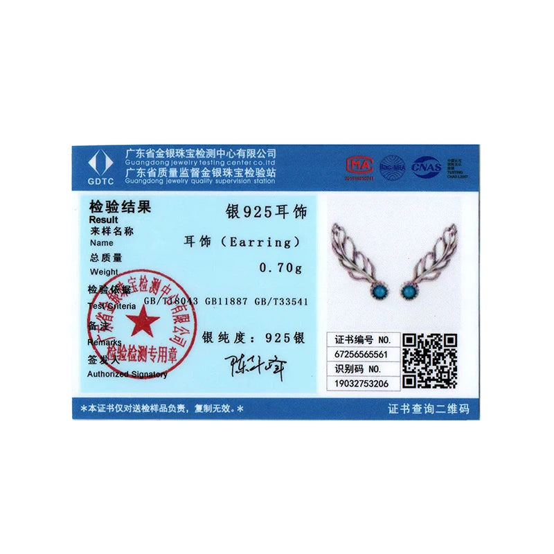 BISAER 925 Sterling Silver Turquoise Feather Stud Earrings Vintage Feathers Stud Ear for Women & Girls Party Fine Jewelry Gift