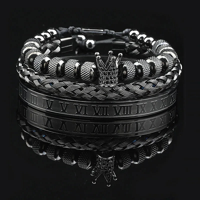 Luxury Black Stone Beads Leopard Head Man Bracelet Enamel Stainless Steel Roman Bangles Women Jewelry Set