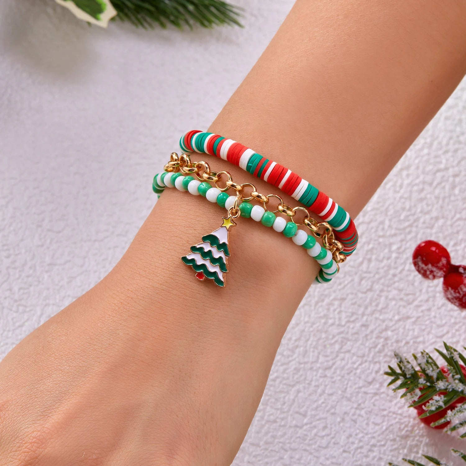 2 Pcs Christmas Colorful Beaded Bracelet Set For Women Xmas Tree Snowman Snowflake Pendant Polymer Clay Bangle Festival Jewelry