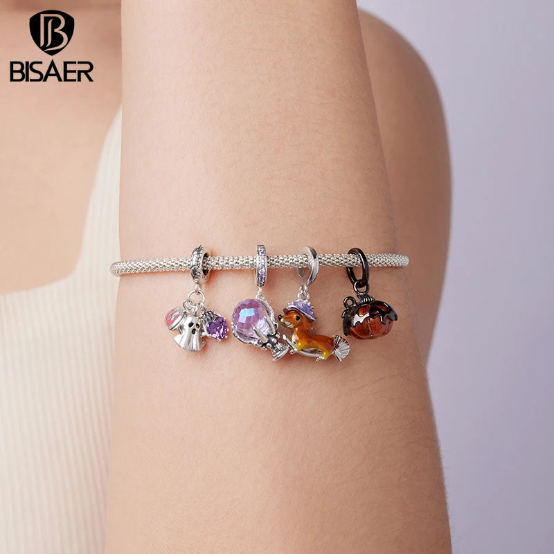 BISAER 925 Sterling Silver Halloween Skull & Pumpkin Charm Bead Pumpkin Cat Magic Crystal Pendant for Women DIY Bracelet Jewelry