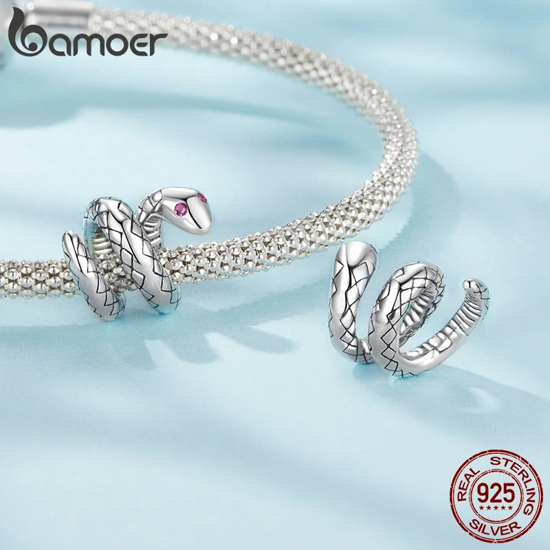 BAMOER 2025 Neuer Anhänger aus massivem 925er Sterlingsilber mit niedlichem Schlangenmotiv, passend für Originalarmbänder und DIY-Schmuckzubehör von Bamoer Beads
