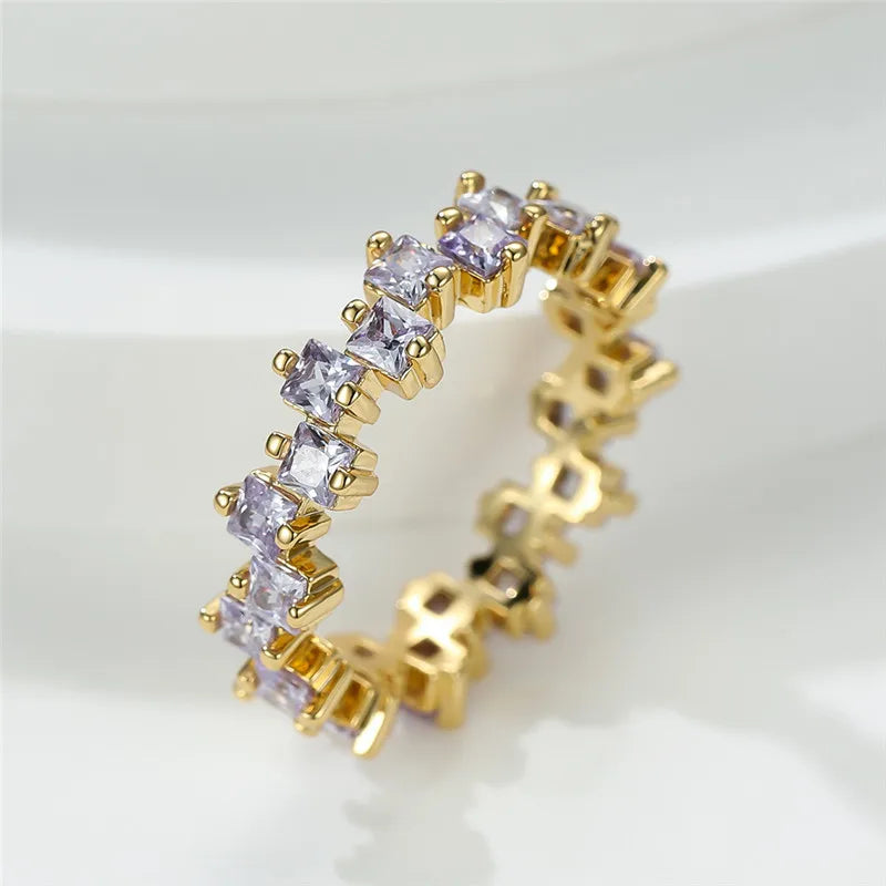 Female Light Purple Zircon Stone Ring Cute Gold Color Summer Wedding Jewelry For Women