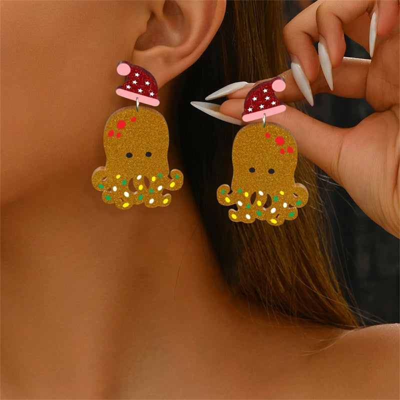 Christmas Gingerbread Man Santa Claus Asymmetrical Dangle Earring for Women Cute Xmas Hat Dog Kitten Acrylic Earrings Jewelry