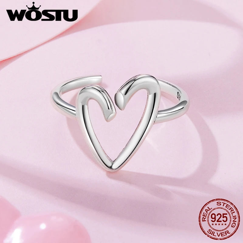 WOSTU Herzförmiger Ring EDA aus massivem 925er Sterlingsilber, zierlicher, verstellbarer Ring, minimalistisches Schmuckgeschenk für Sie