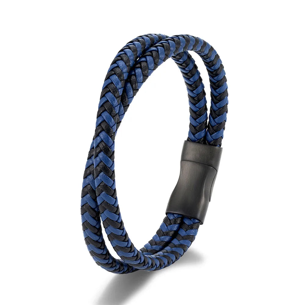 MKENDN Simple Style Men Braided Blue Brown and Black Leather Bracelet Matte Black Stainless Steel Button Accessories Jewelry