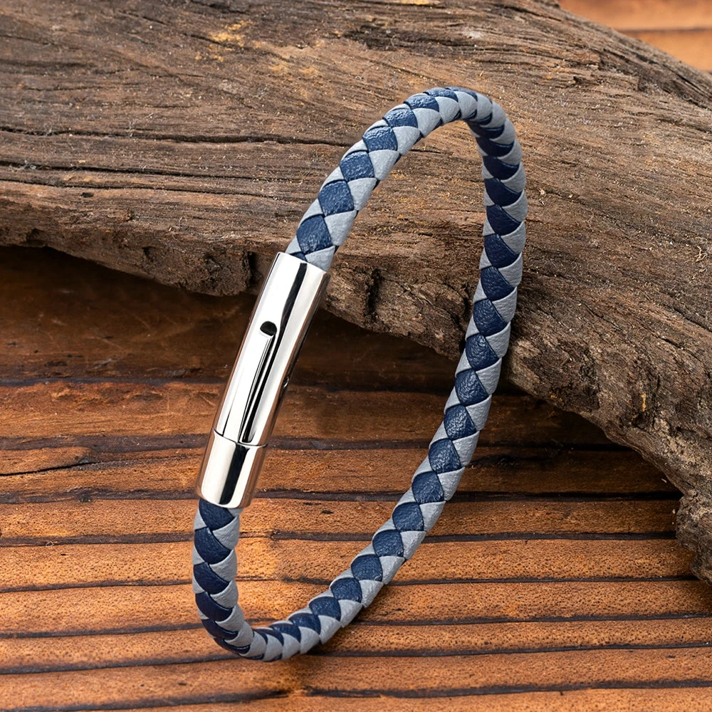 MKENDN Simple Style Black Blue Braided Leather Bracelet Bangle Stainless Steel Magnetic Buckle Jewelry For Men Women Couple Gift