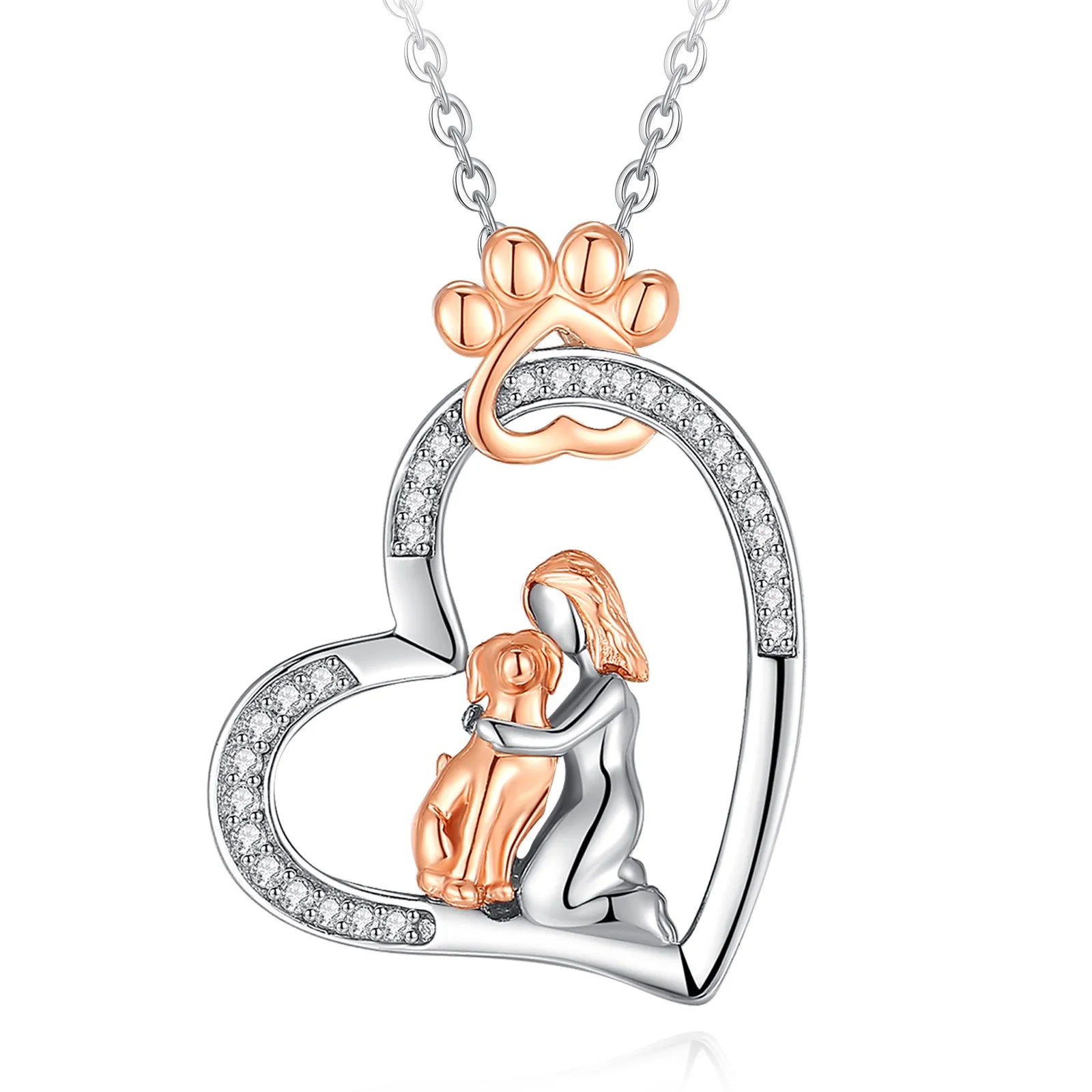 Eudora Original 925 Sterling Silver Women And Dog Necklace Temperament Heart Zircon Rose Gold Dog Footprint Pendant Jewelry Gift
