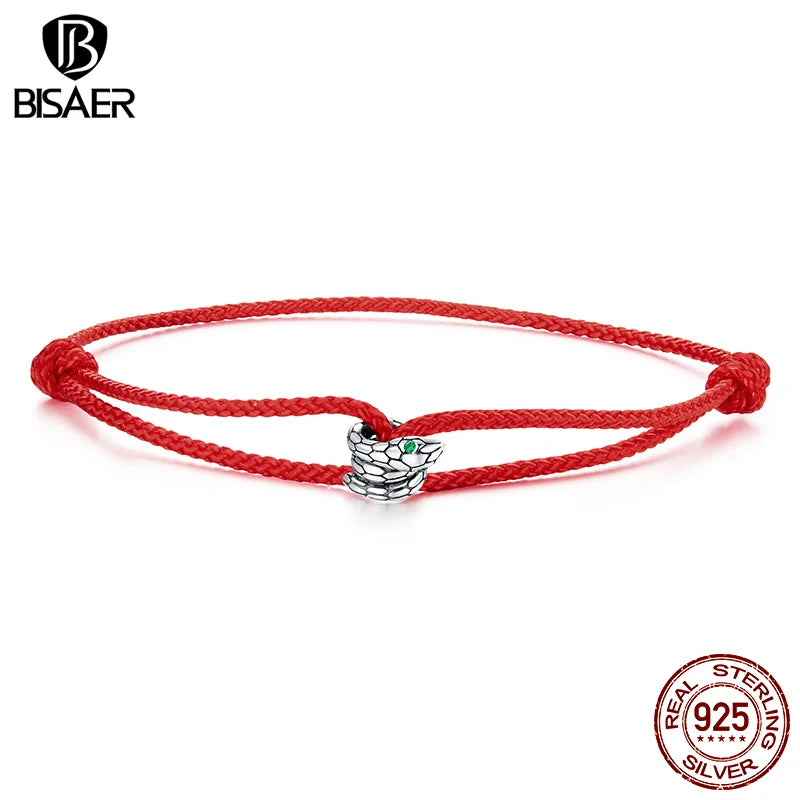BISAER 925 Sterling Silver Red Viper Bracelet Snake Cotton Rope Adjustable Chain for Women Charms Beads DIY Fine Jewelry Gift