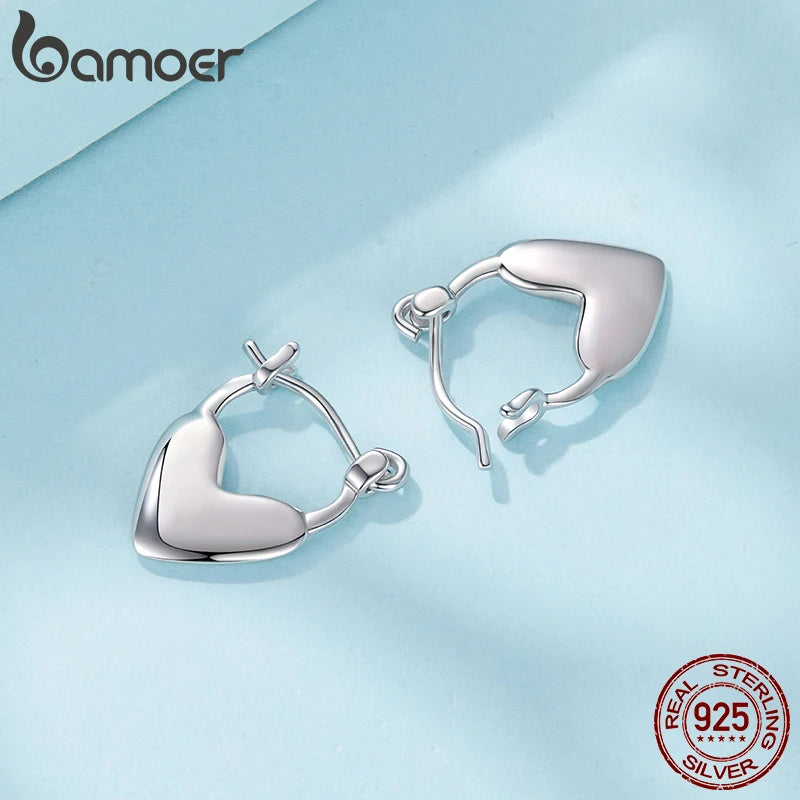 Bamoer 925 Sterling Silver Polished Heart Drop Earrings Love Hoop Ear Buckles for Women Teens Punk Minimalist Fine Jewelry