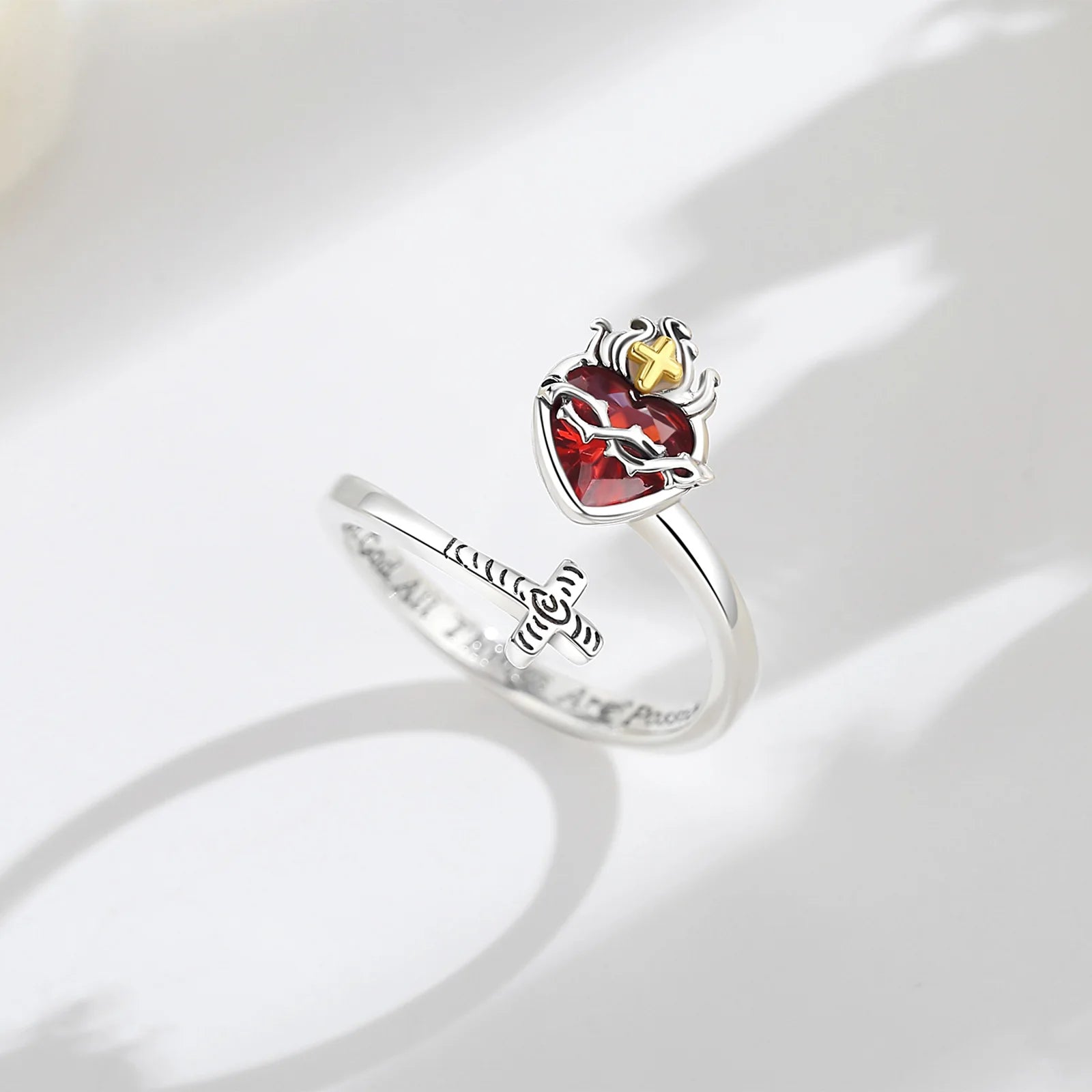 Eudora 925 Sterling Silver Sacred Heart of Jesus Adjustable Ring Cross Ring God's Love Amulet Jewelry Christian Gift for Women