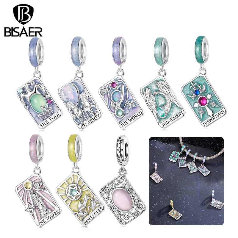 BISAER 925 Sterling Silver Tarot Card Series Pendant Tower Chariot World Judgment Hierophant Charm for DIY Bracelet Fine Jewelry